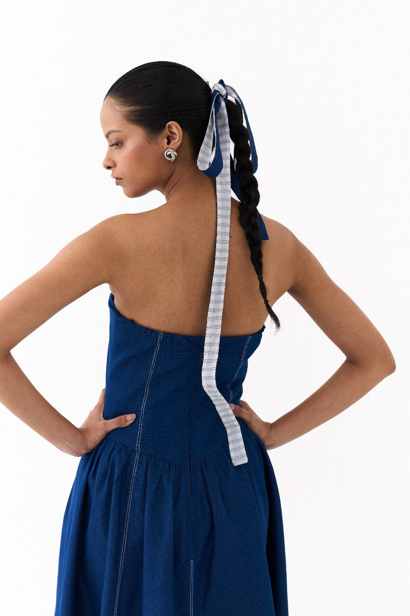 CORSET DRESS-BLUE by THREE in blue color for women in Singapore