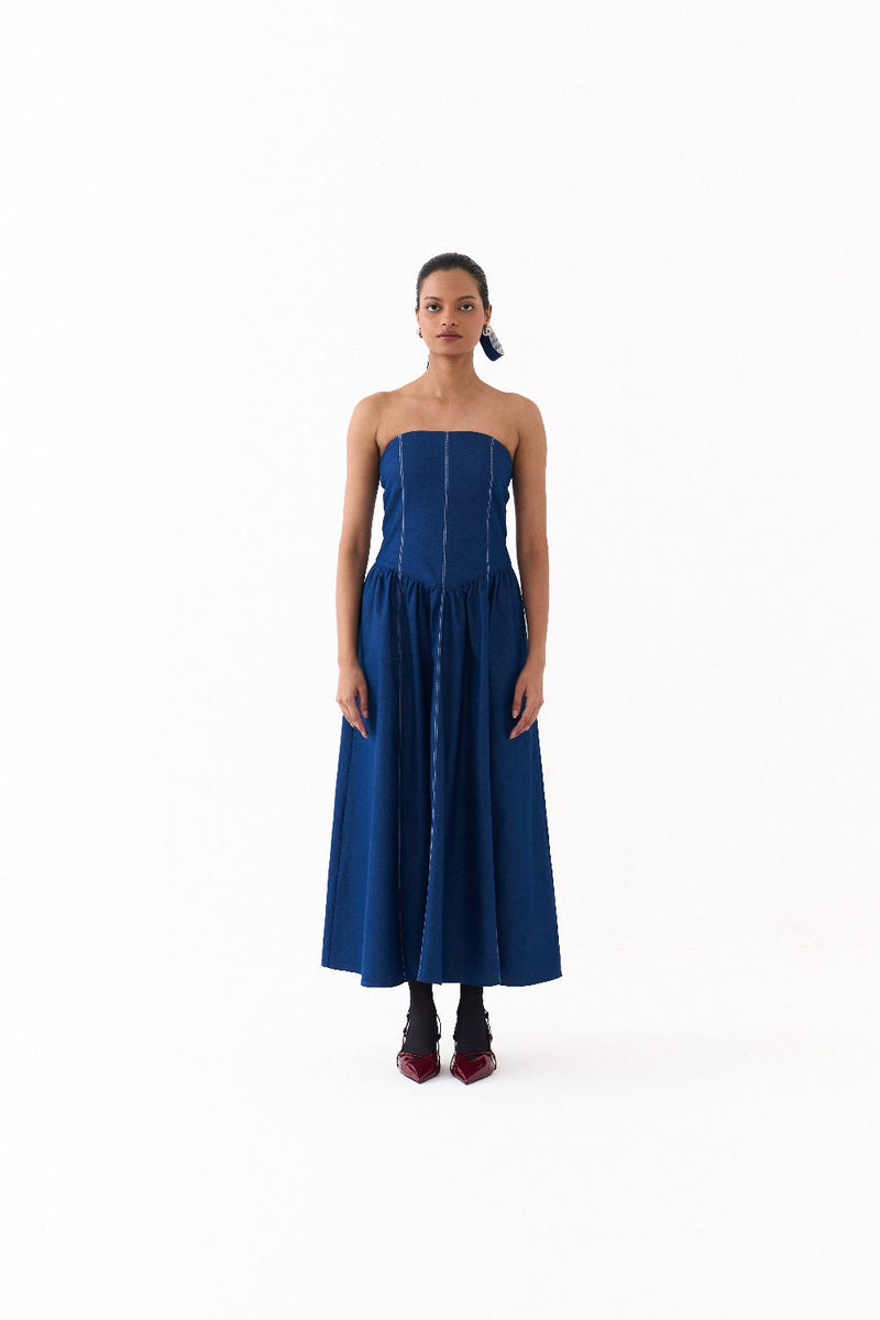 CORSET DRESS-BLUE by THREE in blue color for women in Singapore