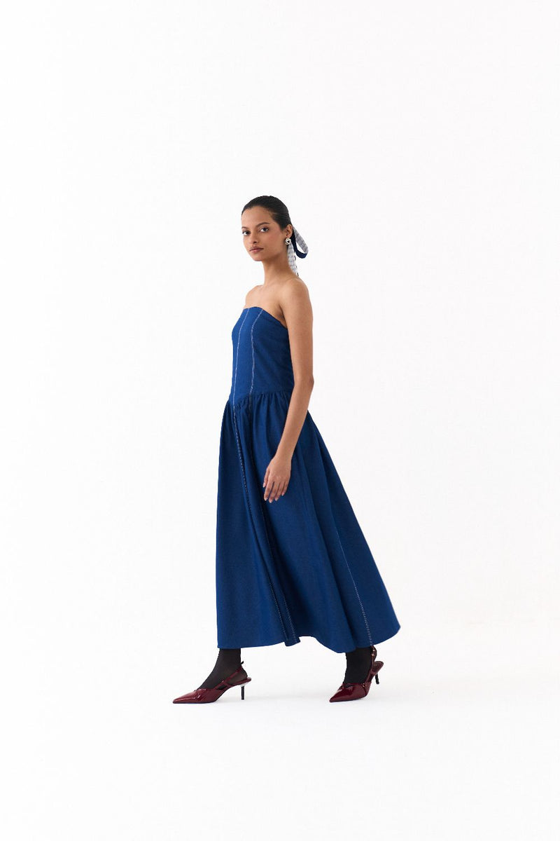 CORSET DRESS-BLUE by THREE in blue color for women in Singapore