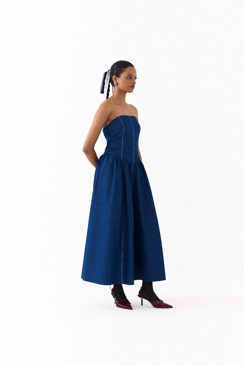 CORSET DRESS-BLUE by THREE in blue color for women in Singapore