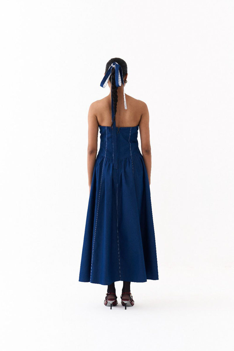 CORSET DRESS-BLUE by THREE in blue color for women in Singapore
