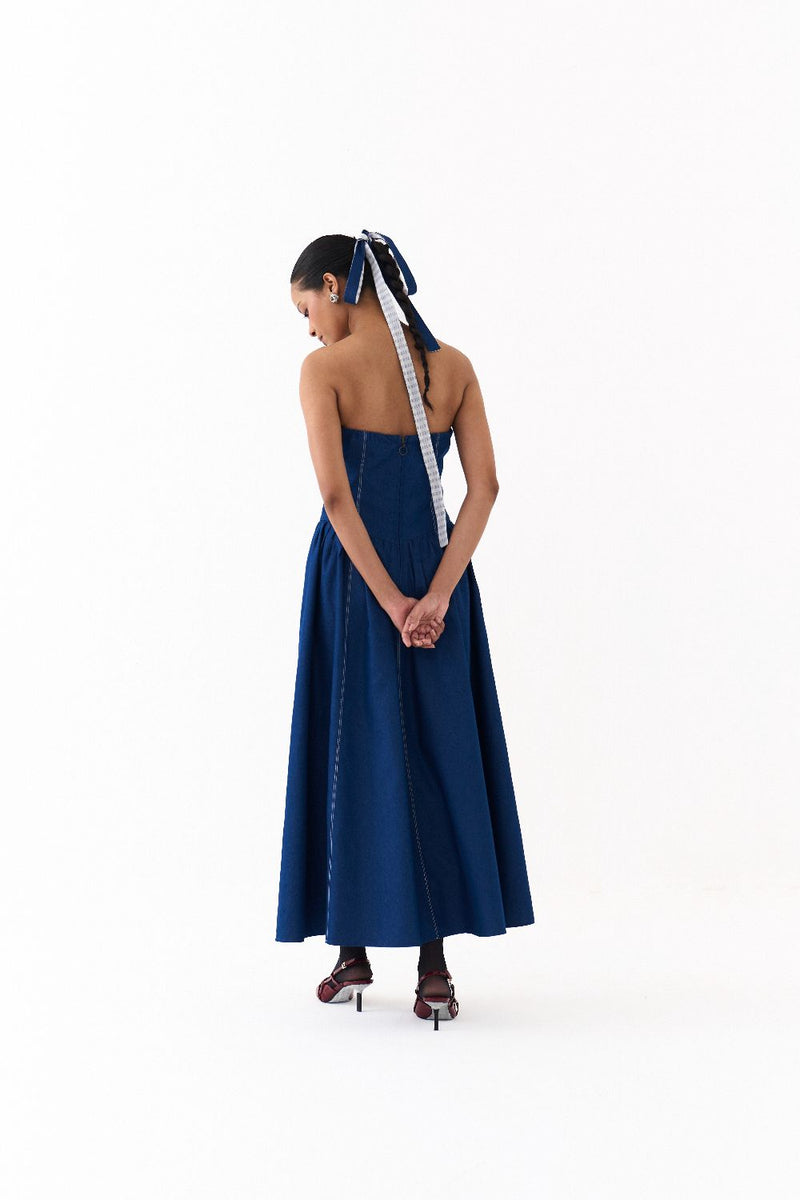 CORSET DRESS-BLUE by THREE in blue color for women in Singapore