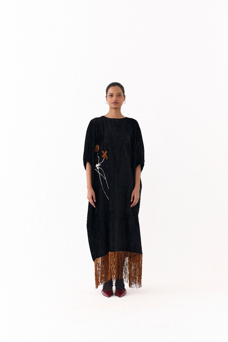 FRINGE KAFTAAN-BLACK by THREE in black color for women in Singapore