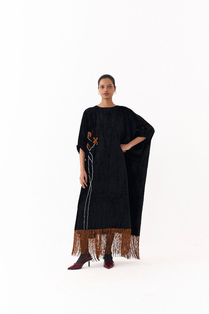 FRINGE KAFTAAN-BLACK by THREE in black color for women in Singapore
