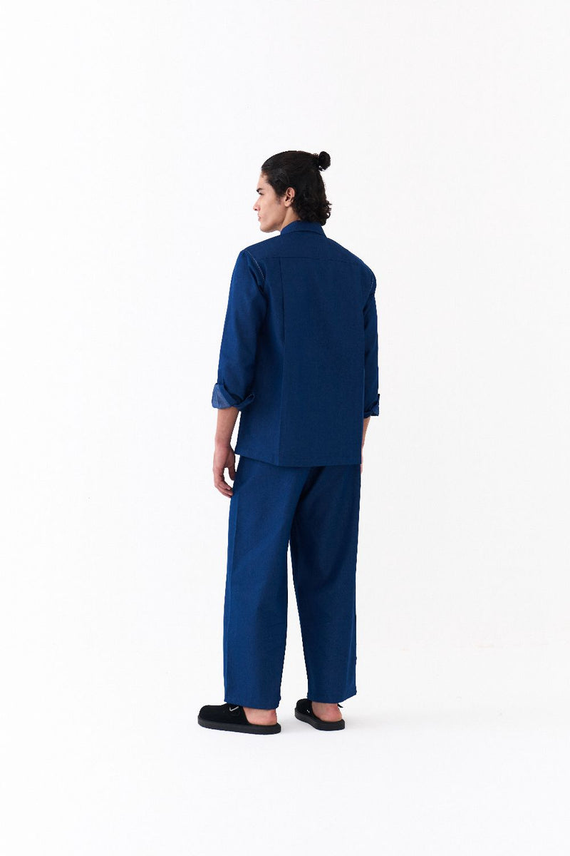 EMB. DETAIL BOTTOM-DENIM BLUE-DENIM BLUE by THREE Men in blue color for men in Singapore