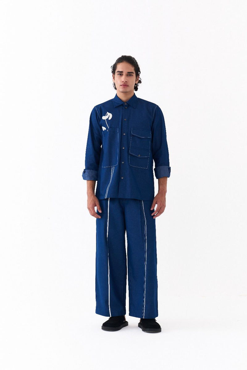 POPPY APPLIQUE SHIRT-DENIM BLUE by THREE Men in blue color for men in Singapore