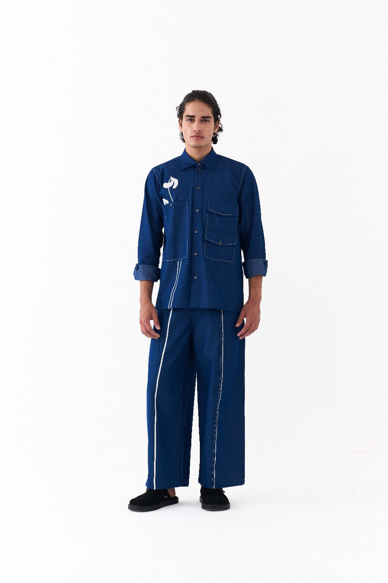 EMB. DETAIL BOTTOM-DENIM BLUE-DENIM BLUE by THREE Men in blue color for men in Singapore