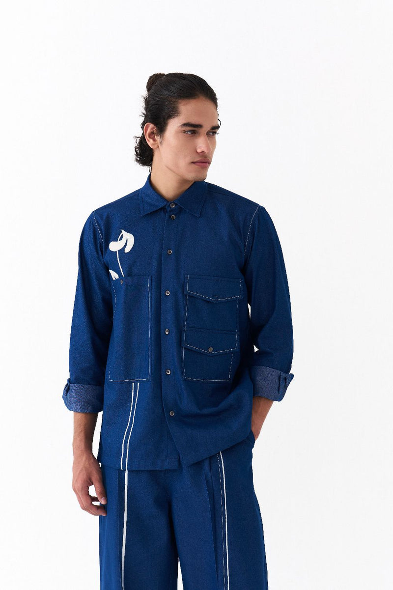 POPPY APPLIQUE SHIRT CO-ORD-DENIM BLUE by THREE Men in blue color for men in Singapore