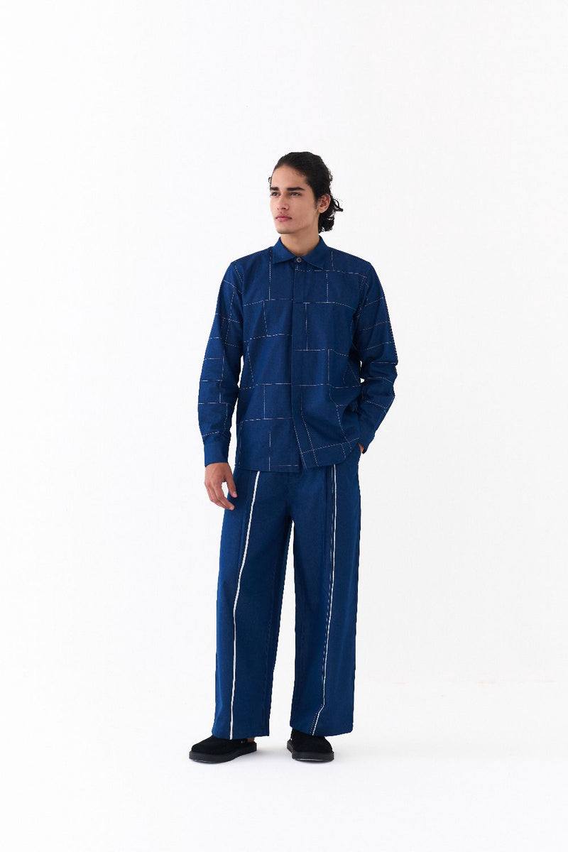GRID EMB. SHIRT CO-ORD-DENIM BLUE by THREE Men in blue color for men in Singapore