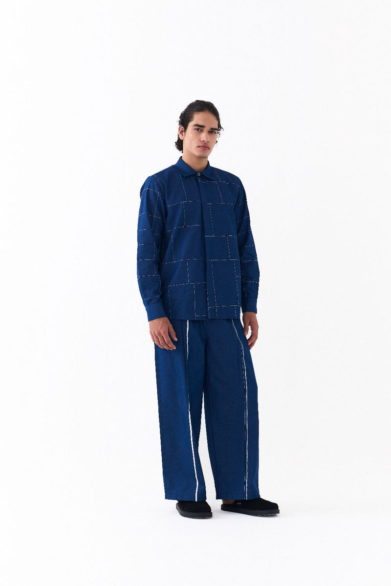 GRID EMB. SHIRT CO-ORD-DENIM BLUE by THREE Men in blue color for men in Singapore