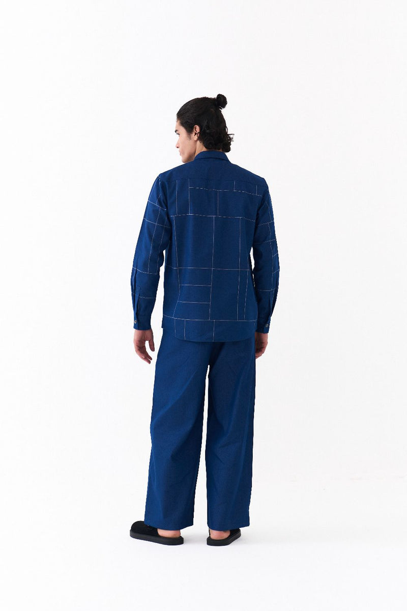 GRID EMB. SHIRT-DENIM BLUE by THREE Men in blue color for men in Singapore