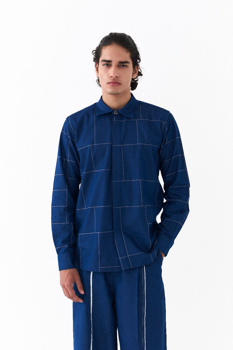 GRID EMB. SHIRT CO-ORD-DENIM BLUE by THREE Men in blue color for men in Singapore