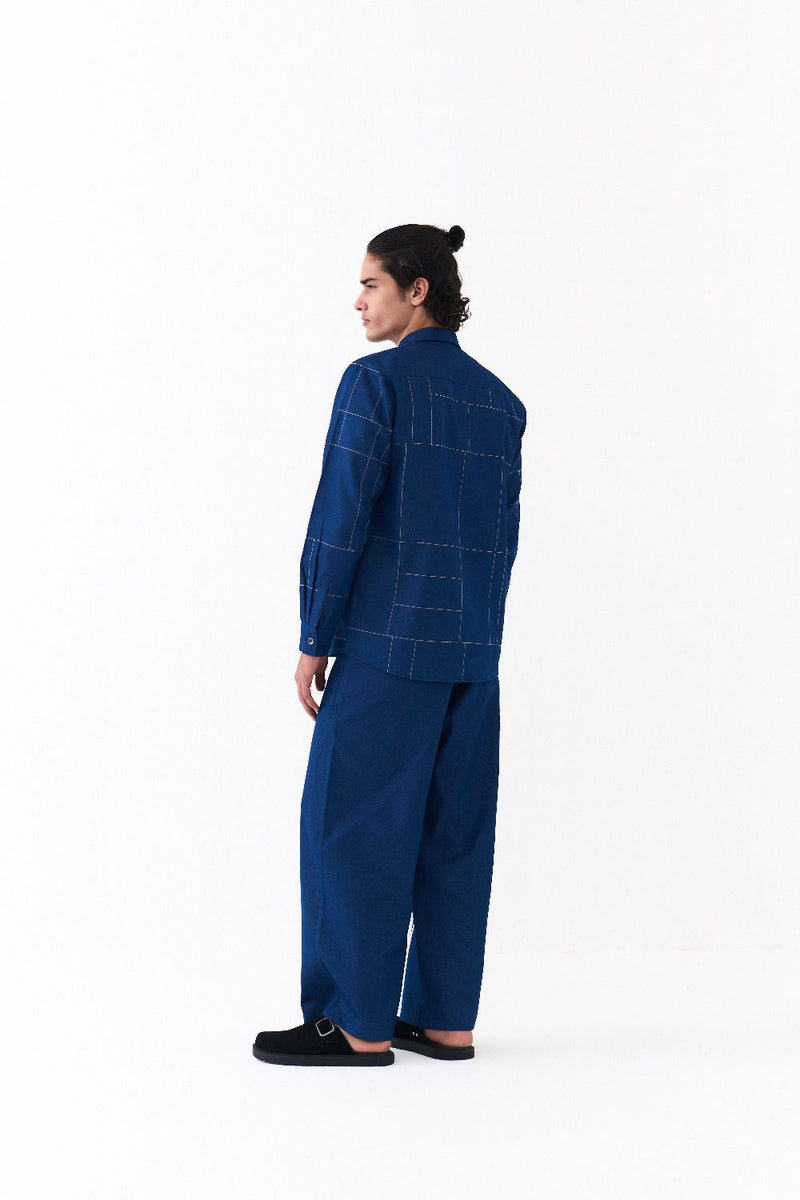 GRID EMB. SHIRT-DENIM BLUE by THREE Men in blue color for men in Singapore