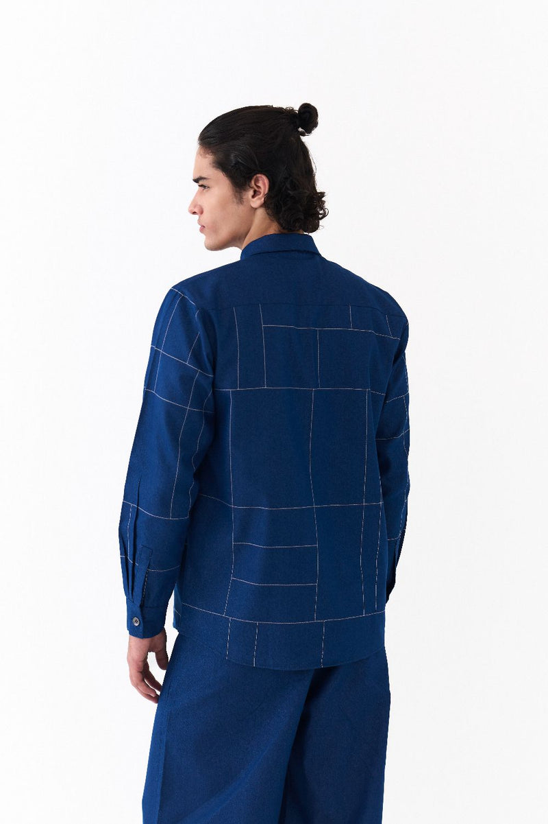 GRID EMB. SHIRT CO-ORD-DENIM BLUE by THREE Men in blue color for men in Singapore