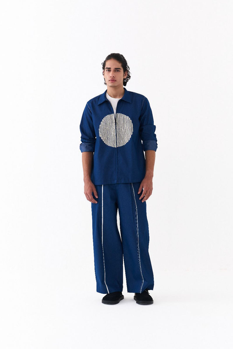 CIRCLE EMB. SHACKET CO-ORD-DENIM BLUE by THREE Men in blue color for men in Singapore