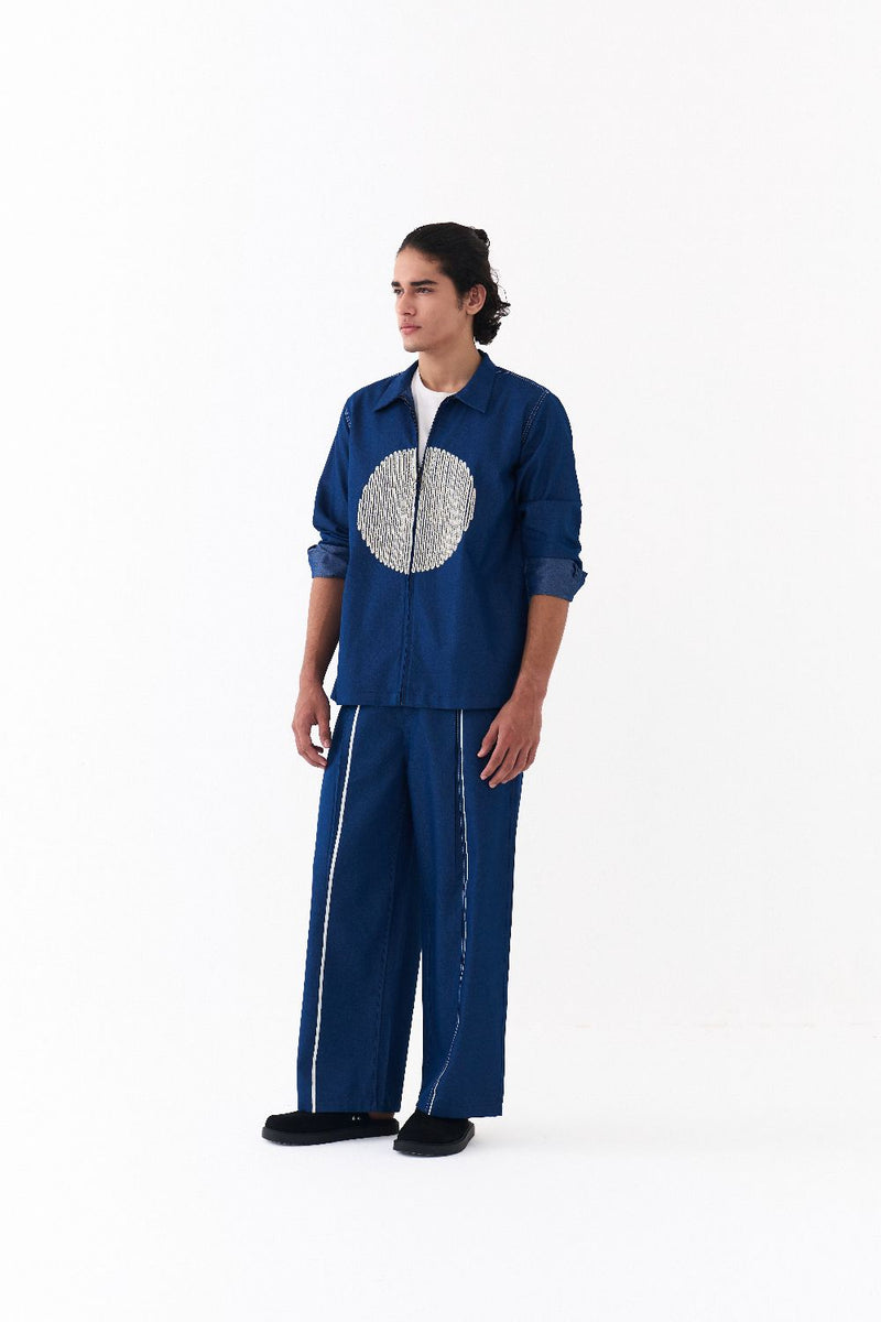 CIRCLE EMB. SHACKET CO-ORD-DENIM BLUE by THREE Men in blue color for men in Singapore