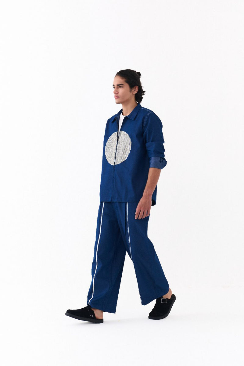 CIRCLE EMB. SHACKET CO-ORD-DENIM BLUE by THREE Men in blue color for men in Singapore