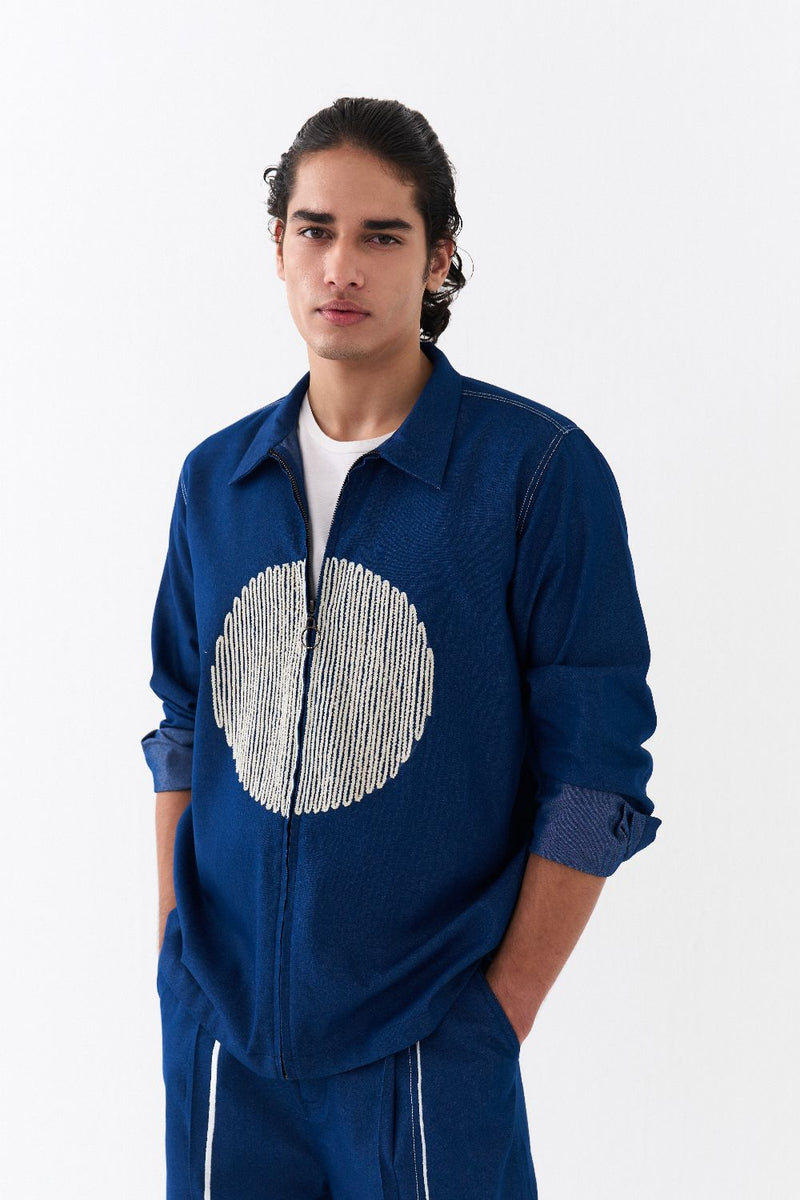 CIRCLE EMB. SHACKET CO-ORD-DENIM BLUE by THREE Men in blue color for men in Singapore