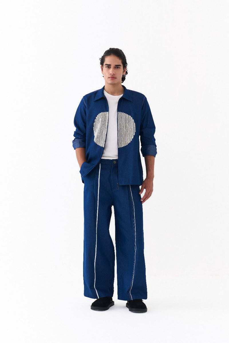 CIRCLE EMB. SHACKET CO-ORD-DENIM BLUE by THREE Men in blue color for men in Singapore
