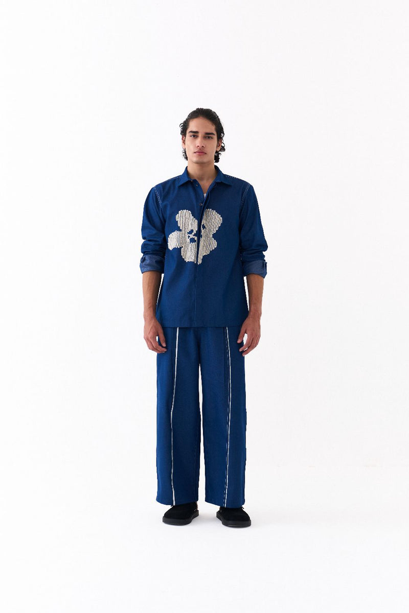 FLORAL EMB. SHIRT CO-ORD-DENIM BLUE by THREE Men in blue color for men in Singapore