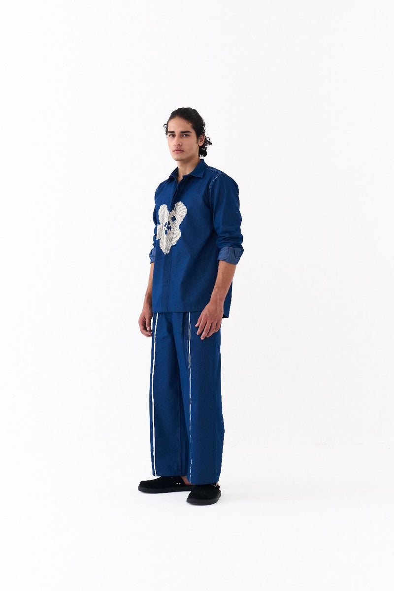 FLORAL EMB. SHIRT-DENIM BLUE by THREE Men in blue color for men in Singapore