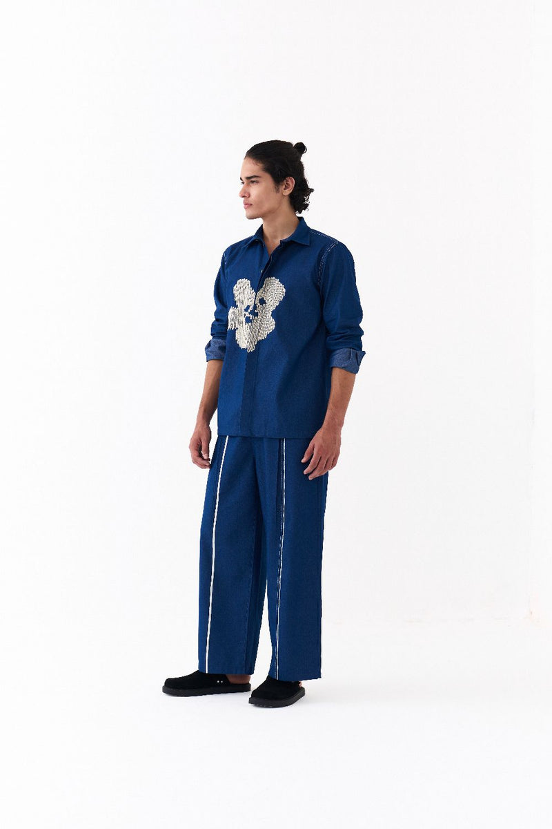 FLORAL EMB. SHIRT-DENIM BLUE by THREE Men in blue color for men in Singapore