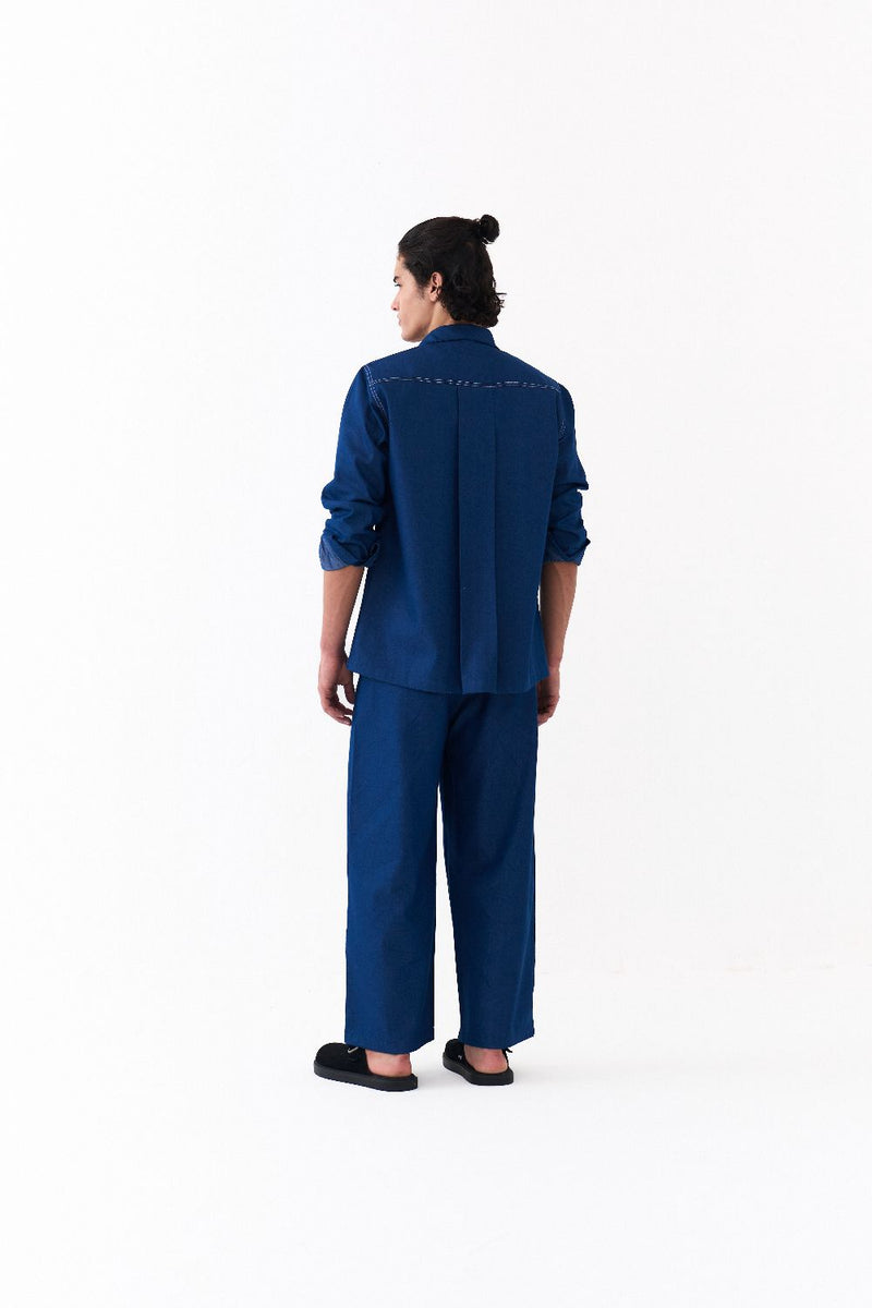 FLORAL EMB. SHIRT-DENIM BLUE by THREE Men in blue color for men in Singapore