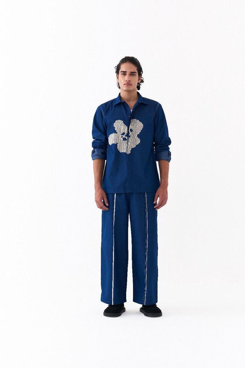 FLORAL EMB. SHIRT-DENIM BLUE by THREE Men in blue color for men in Singapore