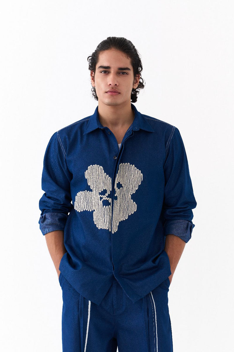 FLORAL EMB. SHIRT CO-ORD-DENIM BLUE by THREE Men in blue color for men in Singapore