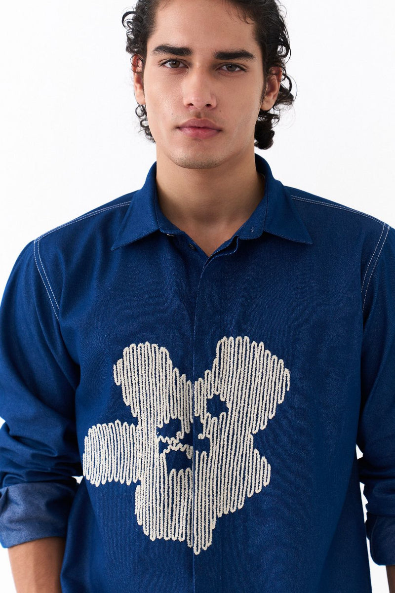 FLORAL EMB. SHIRT-DENIM BLUE by THREE Men in blue color for men in Singapore