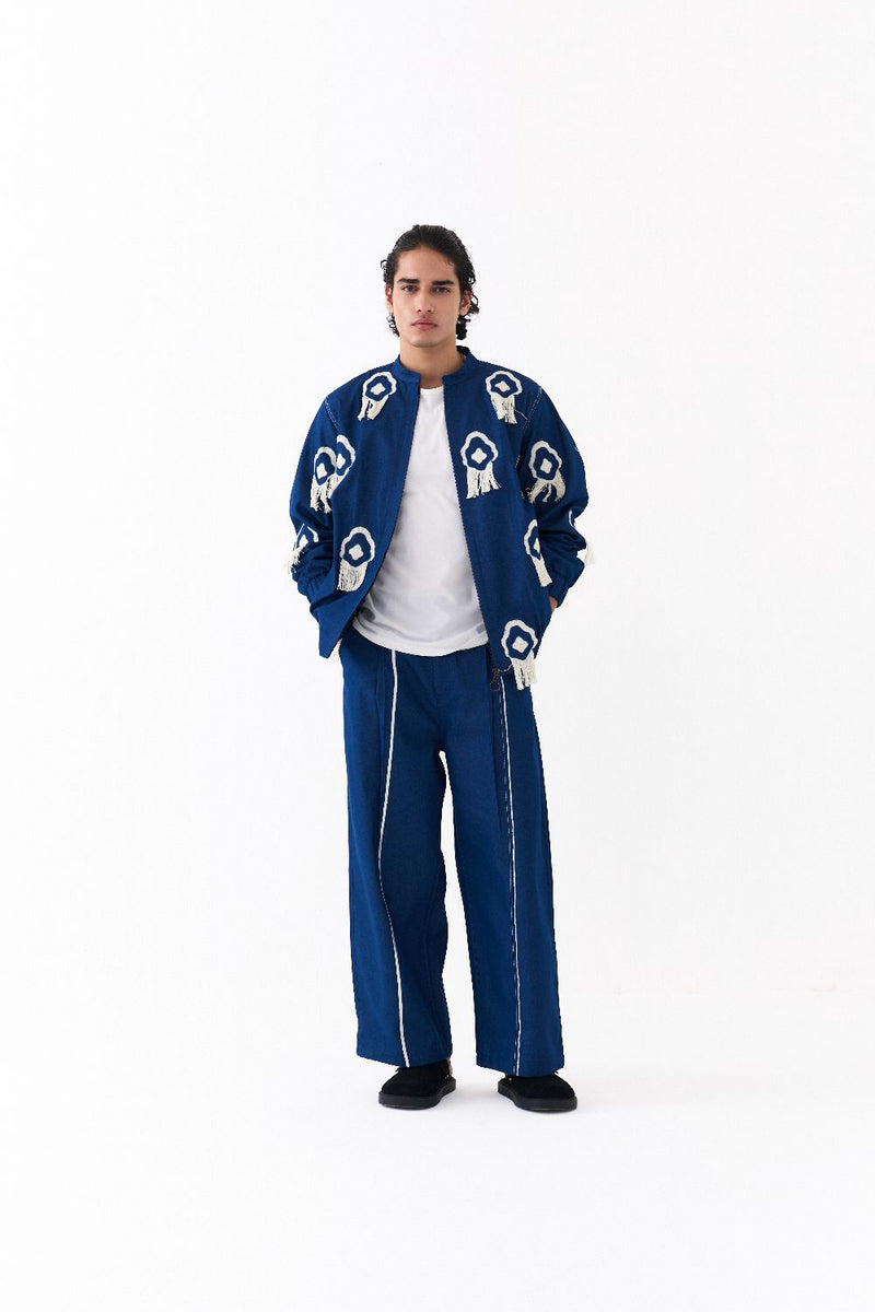 FRINGE BOMBER JACKET CO-ORD-DENIM BLUE by THREE Men in blue color for men in Singapore