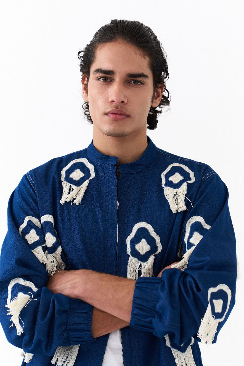 FRINGE BOMBER JACKET CO-ORD-DENIM BLUE by THREE Men in blue color for men in Singapore