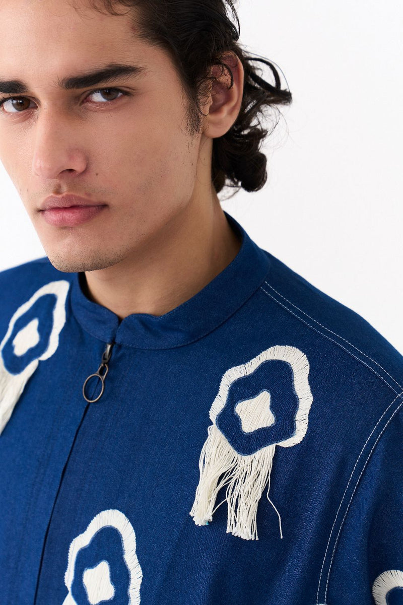 FRINGE BOMBER JACKET CO-ORD-DENIM BLUE by THREE Men in blue color for men in Singapore