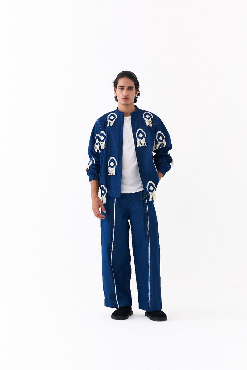 FRINGE BOMBER JACKET CO-ORD-DENIM BLUE by THREE Men in blue color for men in Singapore