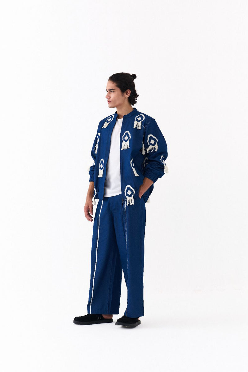 FRINGE BOMBER JACKET CO-ORD-DENIM BLUE by THREE Men in blue color for men in Singapore