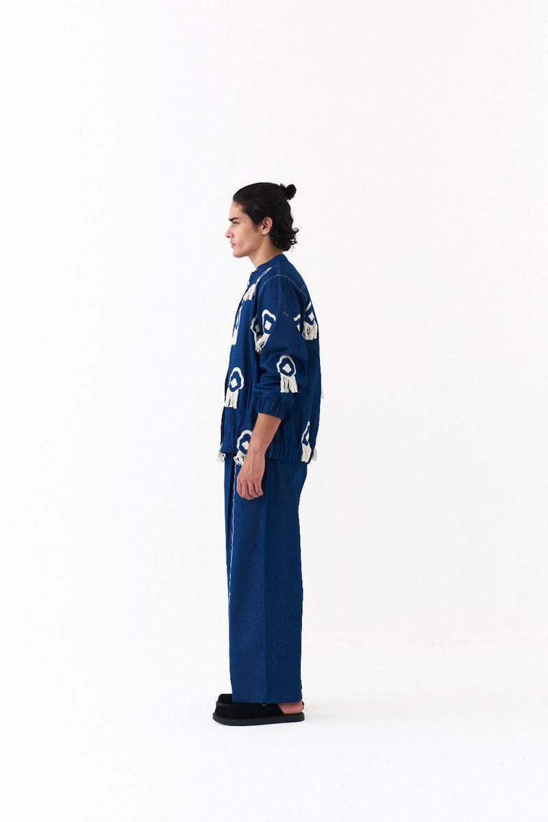 FRINGE BOMBER JACKET CO-ORD-DENIM BLUE by THREE Men in blue color for men in Singapore