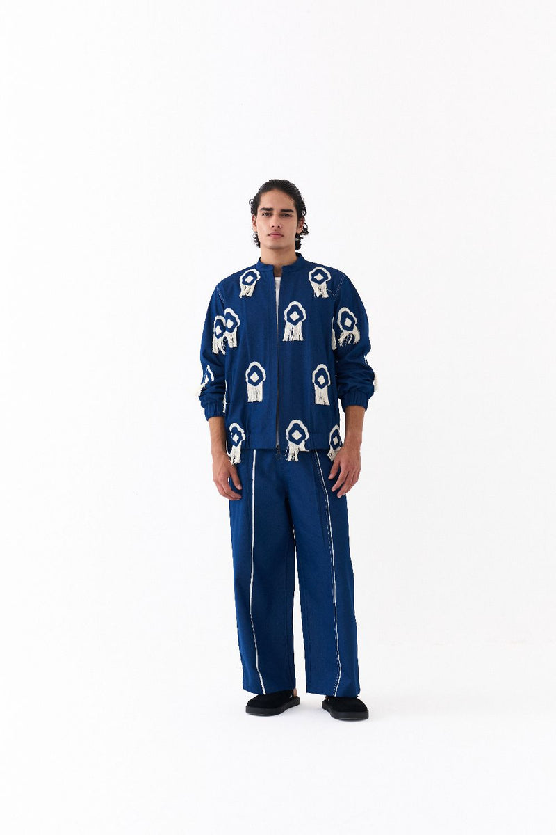 FRINGE BOMBER JACKET CO-ORD-DENIM BLUE by THREE Men in blue color for men in Singapore