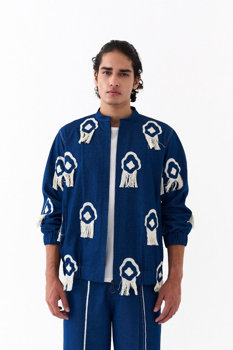 FRINGE BOMBER JACKET CO-ORD-DENIM BLUE by THREE Men in blue color for men in Singapore