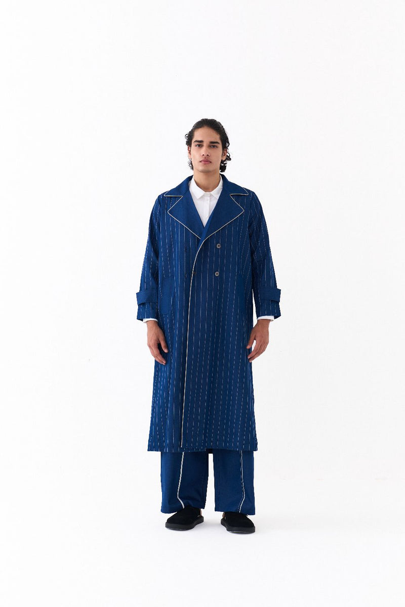 DOUBLE BREASTED TRENCH OVERLAY-DENIM BLUE by THREE Men in blue color for men in Singapore