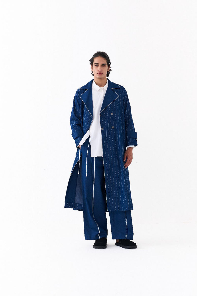 DOUBLE BREASTED TRENCH OVERLAY-DENIM BLUE by THREE Men in blue color for men in Singapore