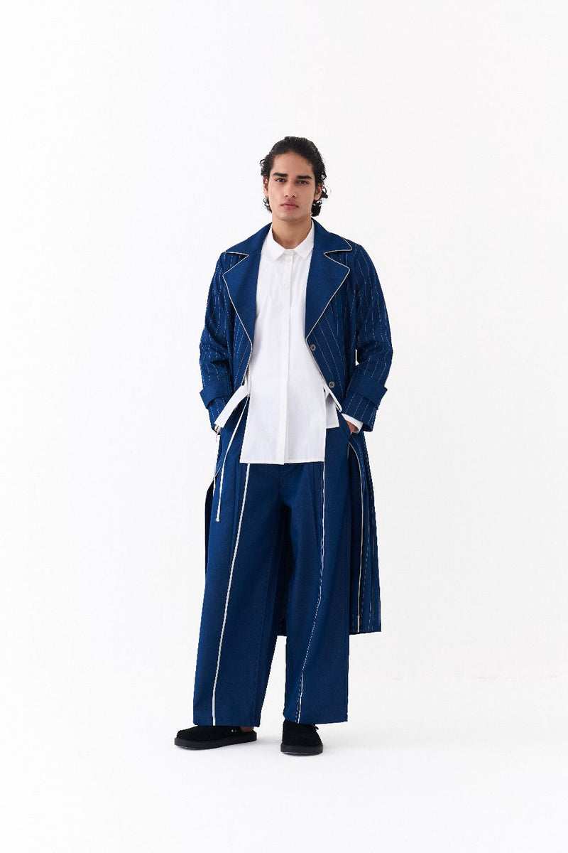 DOUBLE BREASTED TRENCH OVERLAY-DENIM BLUE by THREE Men in blue color for men in Singapore