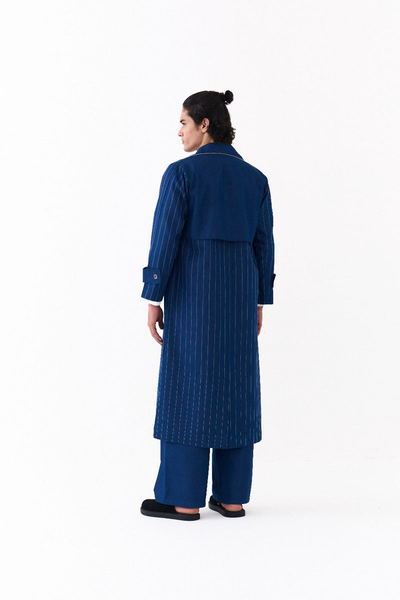 DOUBLE BREASTED TRENCH OVERLAY-DENIM BLUE by THREE Men in blue color for men in Singapore