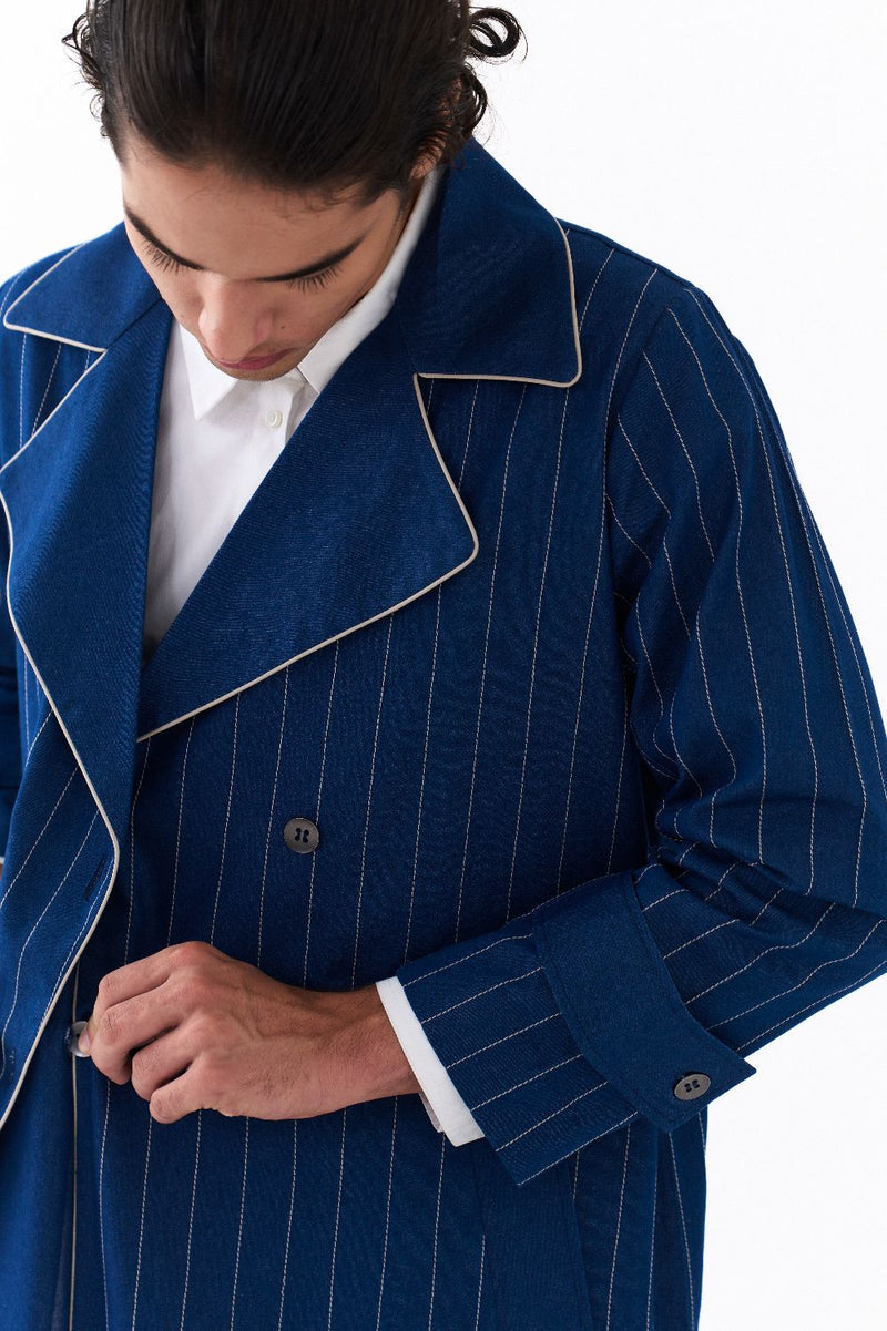DOUBLE BREASTED TRENCH OVERLAY-DENIM BLUE by THREE Men in blue color for men in Singapore