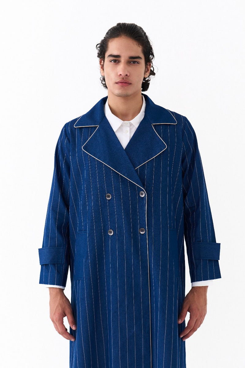 DOUBLE BREASTED TRENCH OVERLAY-DENIM BLUE by THREE Men in blue color for men in Singapore
