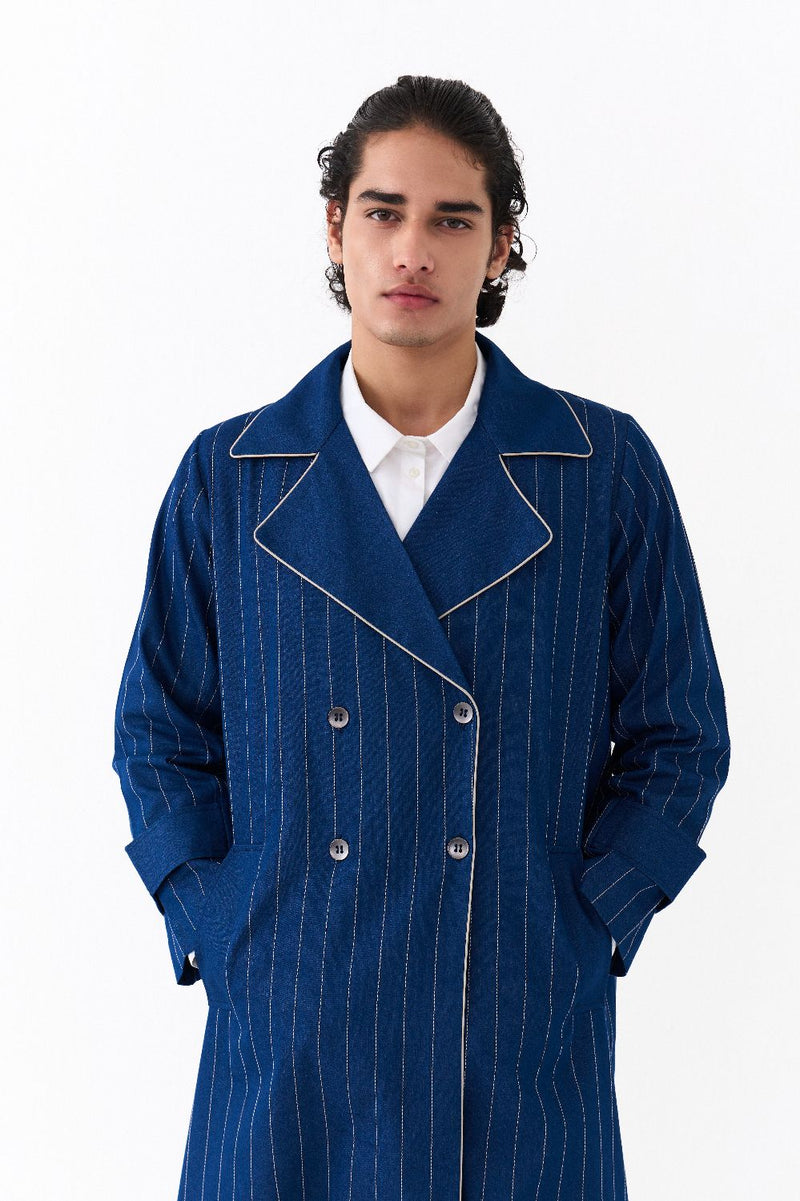 DOUBLE BREASTED TRENCH OVERLAY-DENIM BLUE by THREE Men in blue color for men in Singapore