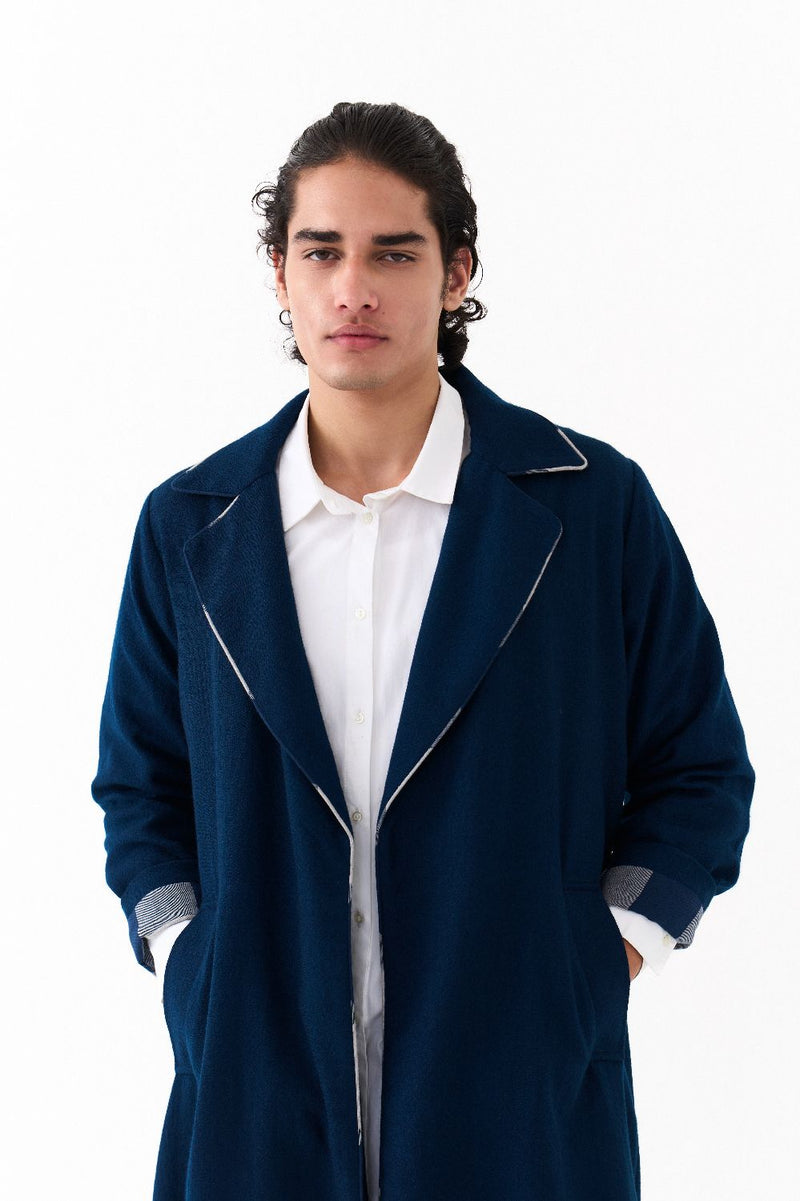 NOTCH COLLAR OVERLAY CO-ORD (SET OF 3)-NAVY by THREE Men in navy color for men in Singapore