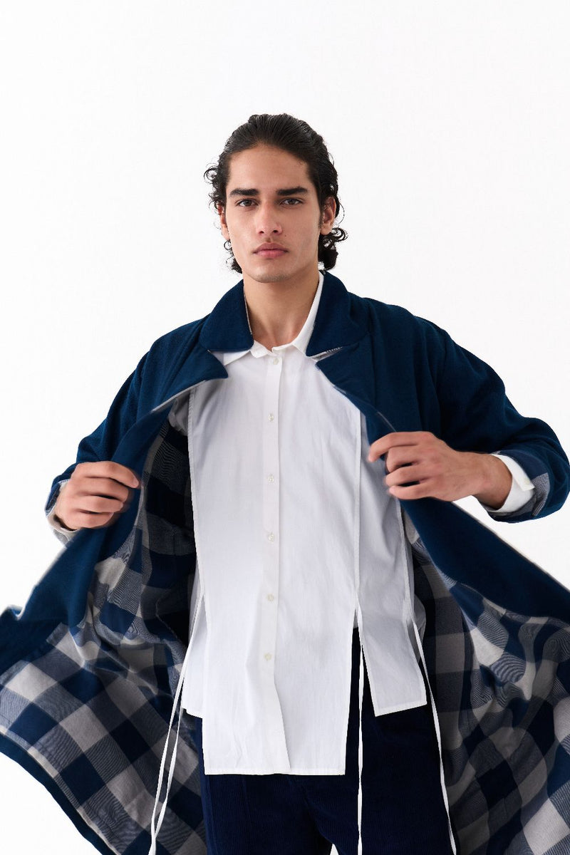 NOTCH COLLAR OVERLAY CO-ORD (SET OF 3)-NAVY by THREE Men in navy color for men in Singapore
