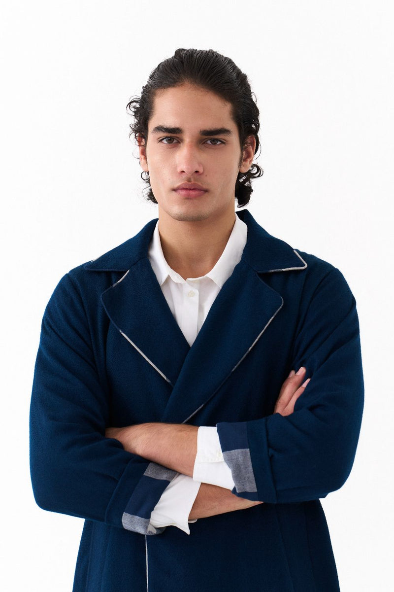 NOTCH COLLAR OVERLAY CO-ORD (SET OF 3)-NAVY by THREE Men in navy color for men in Singapore