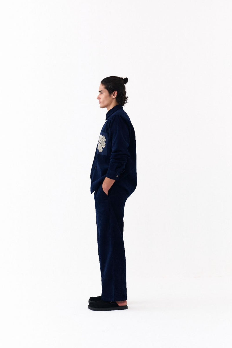 FRONT PLEAT BOTTOM-NAVY-NAVY corduroy by THREE Men in navy color for men in Singapore