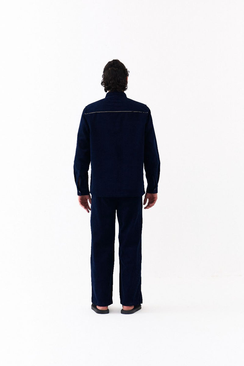 HAND EMB. PATCH POCKET SHIRT-NAVY corduroy by THREE Men in navy color for men in Singapore